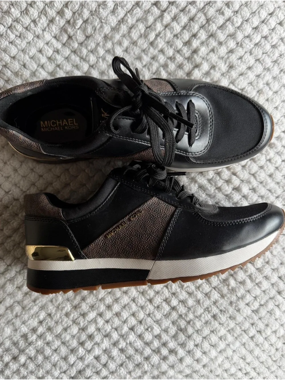 Michael Kors Black Sneakers with Brown Panels and Gold Heel Accent